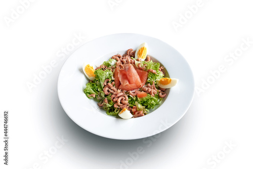 White plate with shrimps and salmon on salad isolated