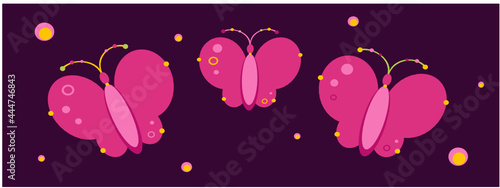 Vector illustration of butterflies at night. Night butterflies. Family of butterflies. Cute baby card with butterflies. Purple card with pink butterflies. Summer mood.
