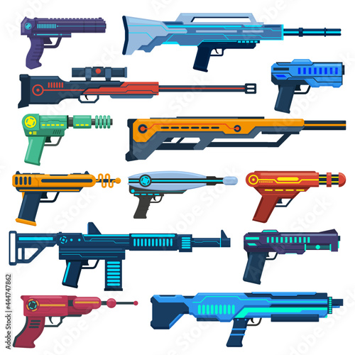 Game futuristic blasters. Space aliens laser, space blasters, guns and rifles for children playing vector illustration set. Futuristic pistols elements