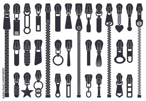 Zipper fasteners. Clothing zipper pullers silhouettes, closed zipper lock, slide fasteners isolated vector illustration set. Sewing zipper elements photo