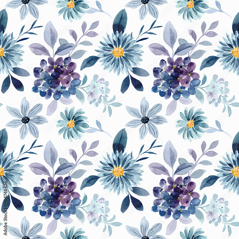 Fototapeta premium Seamless pattern of blue purple floral watercolor