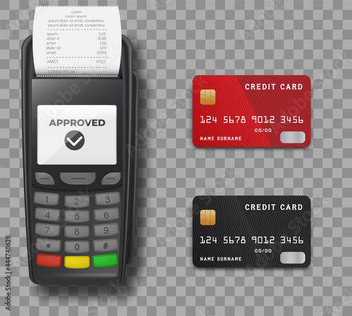 Payment by card, Mockup template of bank payment terminal. With Receipt Closeup Isolated. A purchase contactless or wireless manner.