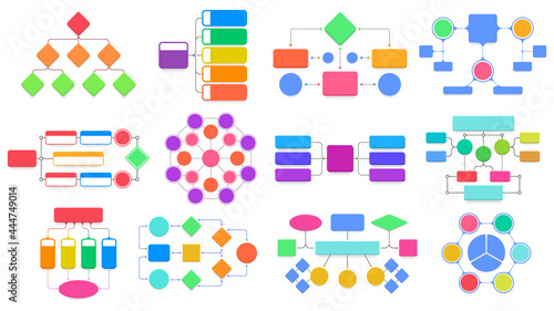 Flowchart schemes. Business structural flowchart diagrams, workflow process structure infographic vector illustration set. Block flow charts