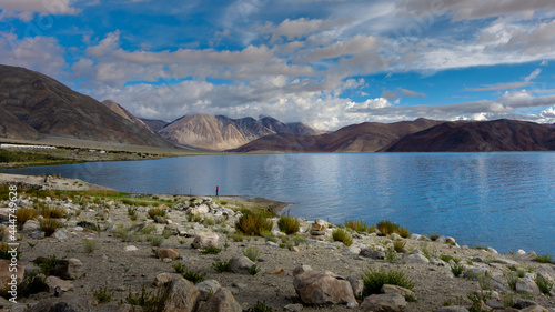A person standing by the Pangong Tso in Ladakh