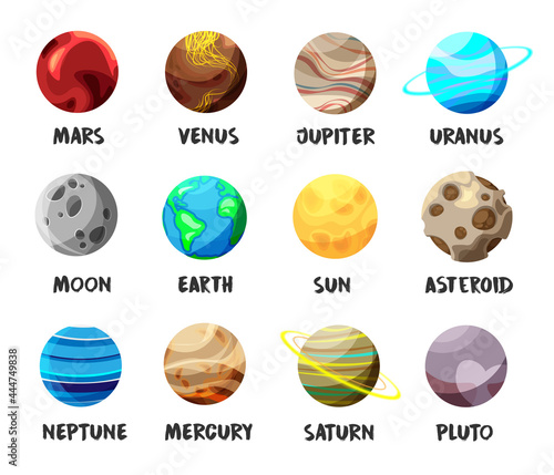 Set of bright colorful planets in Solar System. Moon, Sun and asteroid on white background. Flat cartoon collection of heavenly bodies. Vector illustration.	
