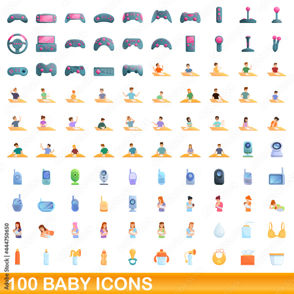 Naklejka premium 100 baby icons set. Cartoon illustration of 100 baby icons vector set isolated on white background