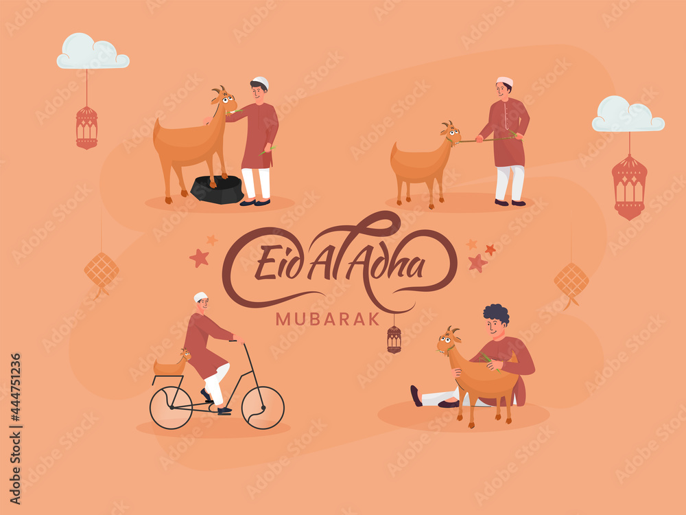 Islamic festival of sacrifice, Eid-Ul-Adha Mubarak background with Muslim boy taking care of his goat.
