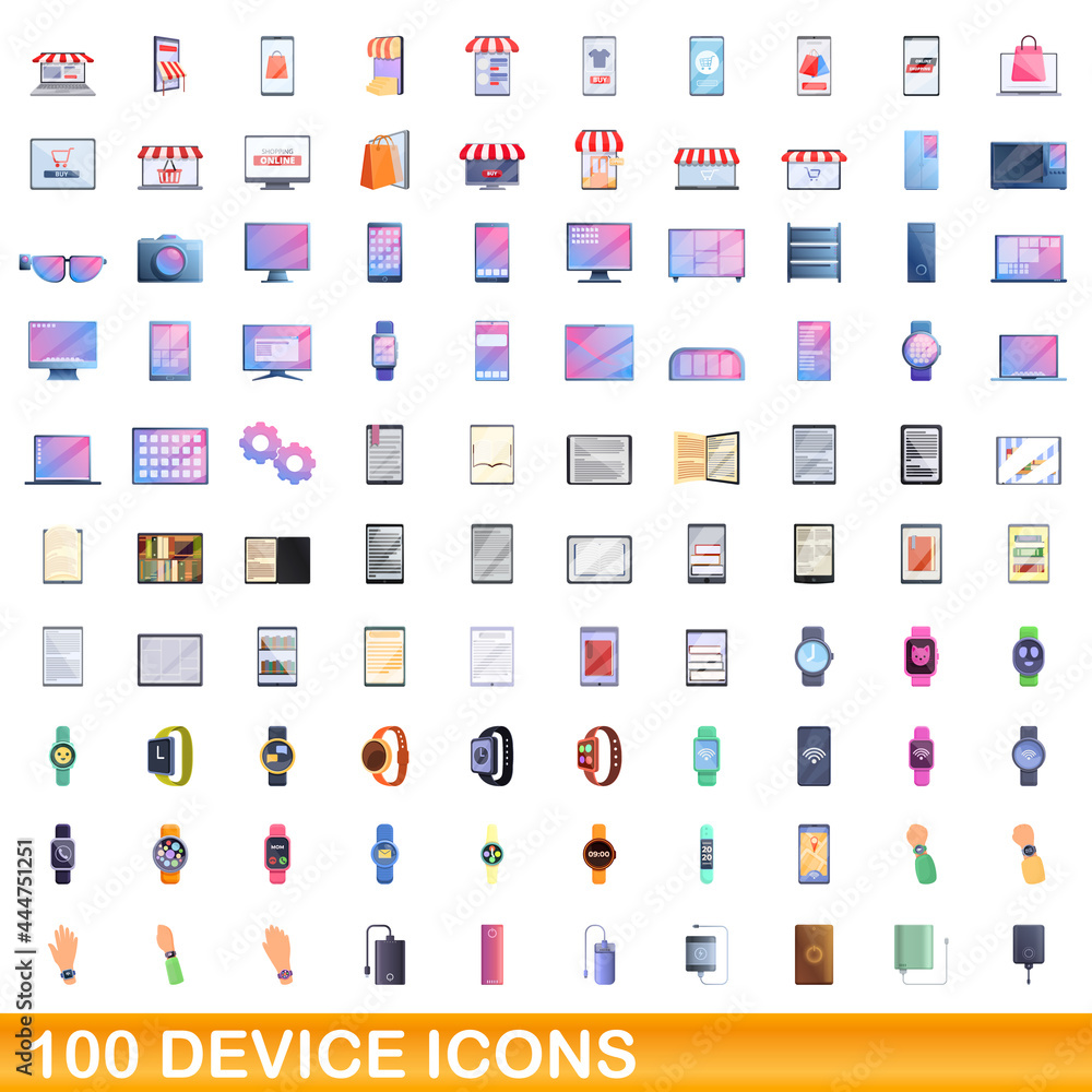 100 device icons set. Cartoon illustration of 100 device icons vector set isolated on white background 100 device icons set. Cartoon illustration of 100 device icons vector set isolated on white background