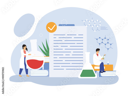 Characters doing scientific research, mixing liquids in flasks in laboratory. Scientists with equipment