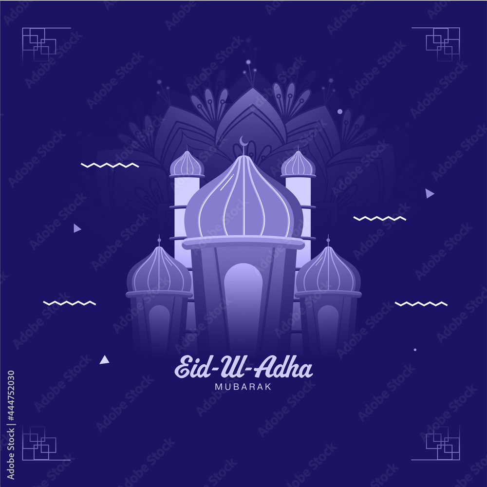 Eid-Ul-Adha Mubarak Concept With Mosque Illustration On Blue Background.