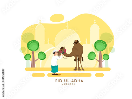 Islamic festival of sacrifice, Eid-Ul-Adha Mubarak background with Muslim boy hugs his camel and buck before the ritual, mosque illustration.  photo