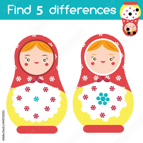 Find the differences educational children game. Kids activity with russian matreshka nesting doll