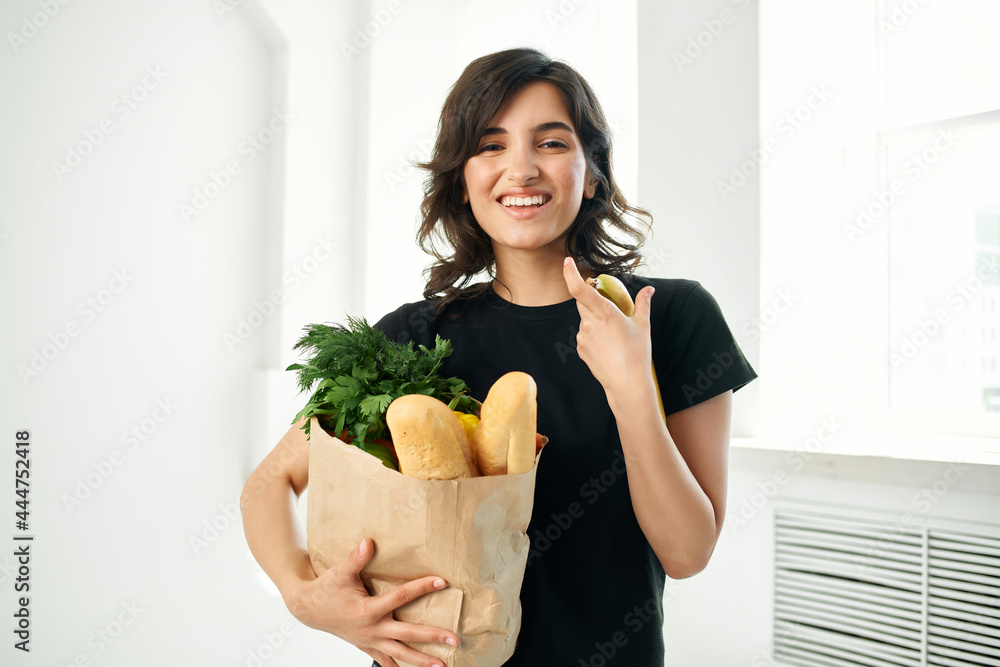 cheerful brunette food bag cooking healthy food cheerful brunette food bag cooking healthy food