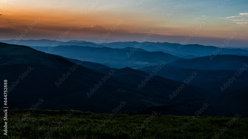 Sunset from the Polonina Runa (Rivna). The Carpathian Mountains. Ukraine.