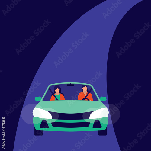 Young Man Driving A City Car With A Woman On A Quiet Road At Night. Flat Design, Character.