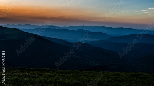 Sunset from the Polonina Runa (Rivna). The Carpathian Mountains. Ukraine.