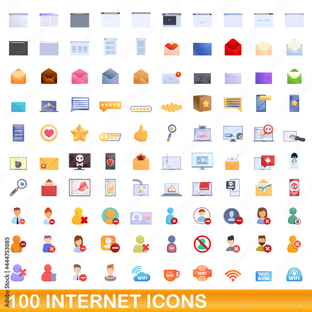100 internet icons set. Cartoon illustration of 100 internet icons vector set isolated on white background 100 internet icons set. Cartoon illustration of 100 internet icons vector set isolated on white background
