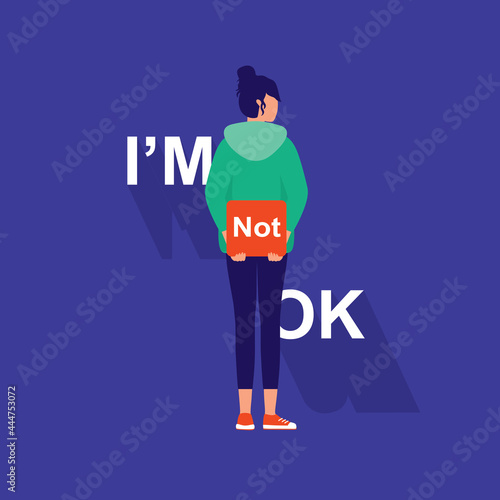 Young Woman Acting Like She Is Ok, But She's Actually "Not". Denying And Fake Feelings Concept. I'm Not Ok Words. Negative Emotion.