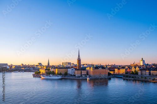 Beautiful panoramic view of Stockholm skyline in Stockholm city, Sweden, popular tourist destination in Scandinavia. Sunset, summer evening - polar day at Monteliusvägen at Södermalm.