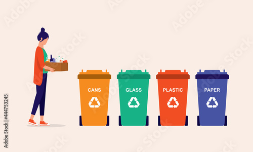 Young Woman Segregating Waste To A Proper Recycling Bin. Reduce Reuse Recycle. Sustainable Lifestyle. Flat Design, Character.