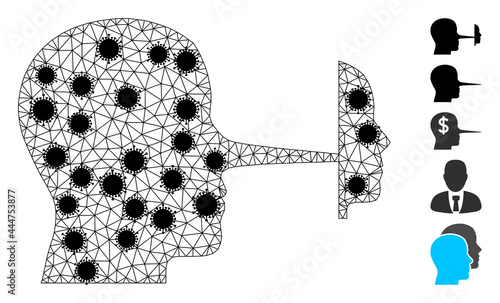 Mesh liar mask polygonal icon vector illustration, with black Covid elements. Carcass model is based on liar mask flat icon, with covid nodes and triangular net.