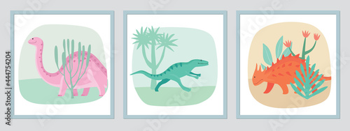 Triptych funny dinosaurs. Various colored funny lizards. Art graphics