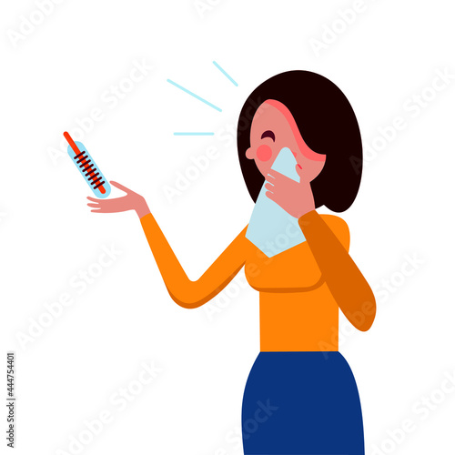 Girl with a handkerchief and a thermometer. Sick leave concept. Flat vector illustration isolated on white background.