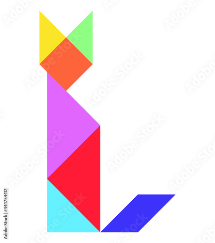 Color tangram puzzle in cat shape on white background