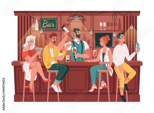 Skillful bartender making drinks for clients, friends consuming alcoholic cocktails and talking. People spending time in bar or restaurant, nightclub or restaurant. Flat cartoon character vector