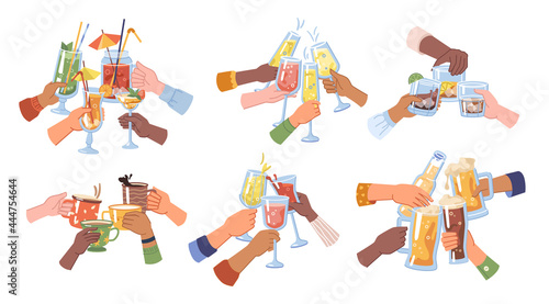 Celebration and toasting, cheers hands holding beer and cocktail, champagne and strong drinks, coffee and tea. Festivity and cheering, pub or bar establishment for partying. Flat cartoon vector