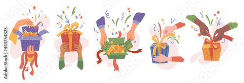 Hands packing or unpacking presents in boxes, isolated set of opening gifts. Celebration and surprise for holiday or special event. Birthday or christmas festivity. Vector in flat cartoon style