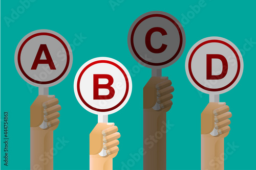 hand holding answer choice sign, select answer concept vector illustration.