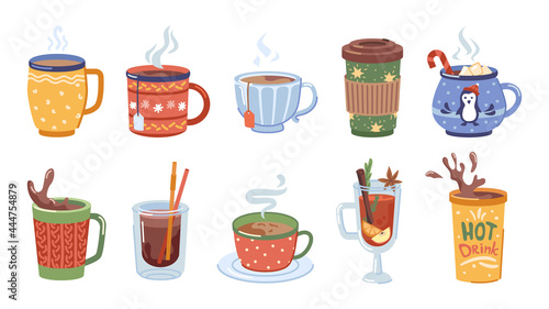 Beverages and hot drinks for winter, christmas set of cups with coffee, tea and cocoa with marshmallows. Melted chocolate and aromatic mulled wine, warm cappuccino. Vector in flat cartoon style