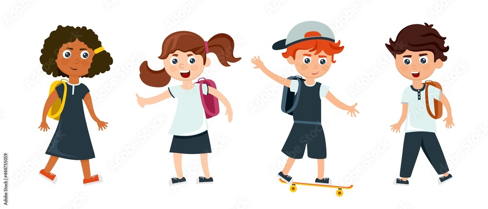 A group of schoolchildren and schoolgirls with backpacks going to school in a cartoon style. Vector illustration