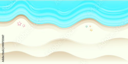 Top view summer beach background with golden sand and turquoise ocean waves. Vector summer beach party flyer or poster design template with tropical coast