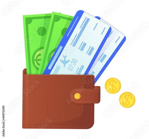 Travel plane chekin symbol. Wallet with dollars and coins and fly tickets. Business trip concept, vacation, currency, tourism, journey. illustration in cartoon style isolated on white background photo