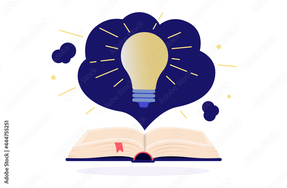 Book knowledge vector illustration - Open book with light bulb shining. Metaphor for getting smart from reading books Book knowledge vector illustration - Open book with light bulb shining. Metaphor for getting smart from reading books