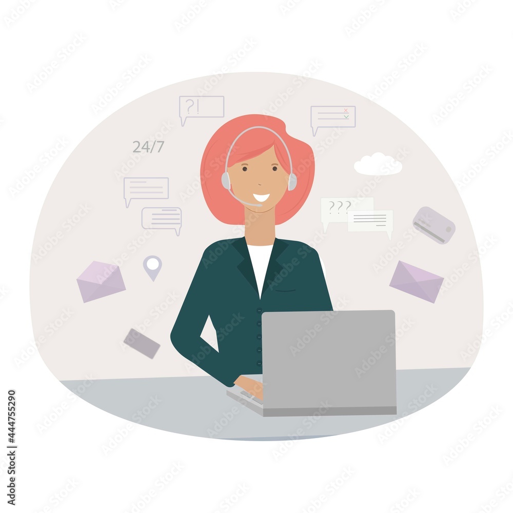 A young smiling girl at the computer. Online support, support service, call center. Vector illustration of the concept of servicing and helping clients with a virtual assistant, consultant. A young smiling girl at the computer. Online support, support service, call center. Vector illustration of the concept of servicing and helping clients with a virtual assistant, consultant.