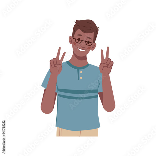 Gesturing boy showing victory or peace sign, isolated schoolkid wearing glasses. Symbol of success and winning, expressive student or pupil. Preteen kiddo. Flat style cartoon character vector