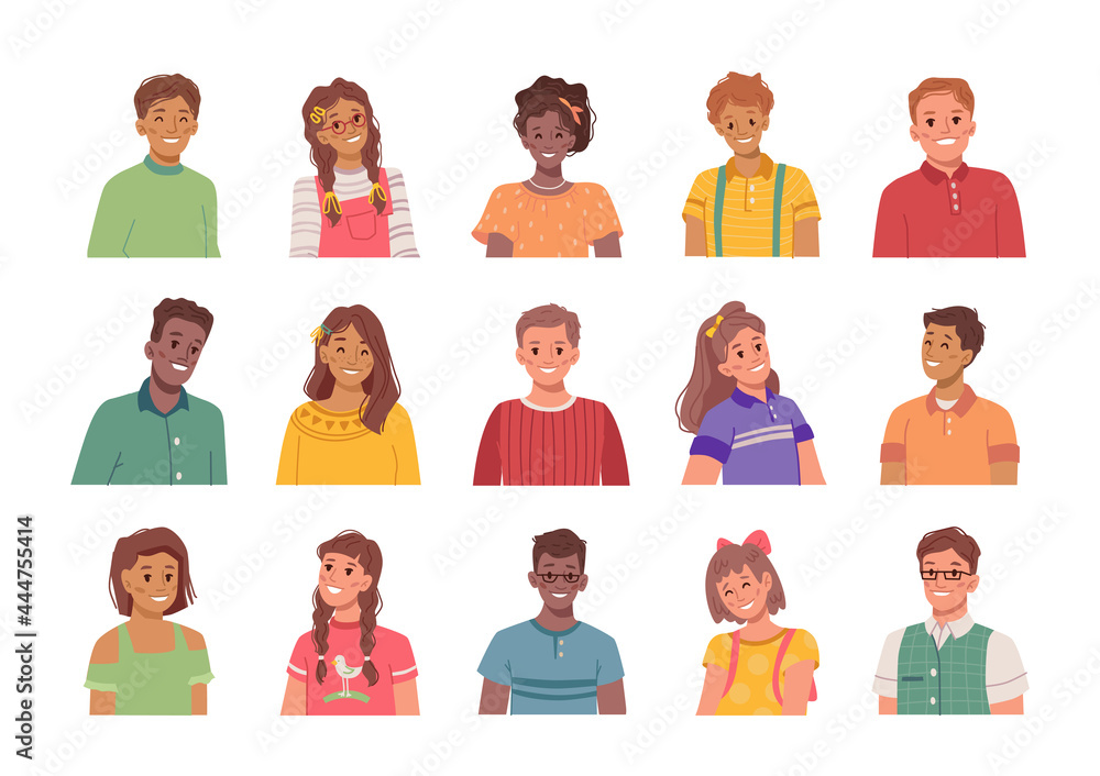 Portraits of smiling and happy children, isolated boys and girls. Avatars of kids, male and female personages preteen people with positive expression on faces. Flat style cartoon character vector Portraits of smiling and happy children, isolated boys and girls. Avatars of kids, male and female personages preteen people with positive expression on faces. Flat style cartoon character vector