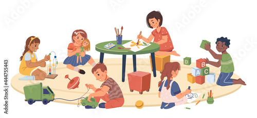 Kindergarten kids playing and studying, isolated children drawing and cuddling doll. Montessori system of education for preschoolers and toddlers. Development of skills. Flat cartoon character vector photo