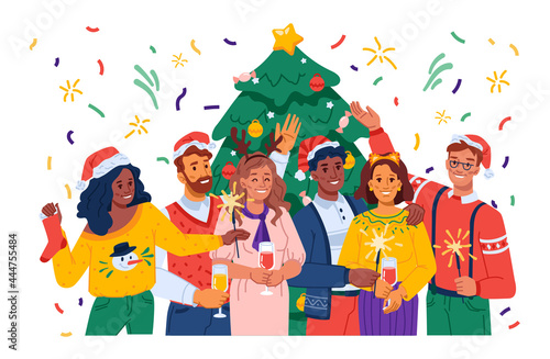 People celebrating xmas and new year by pine tree decorated with star and baubles. Men and women, friends or family drinking champagne and wine and dancing. Flat style cartoon character vector