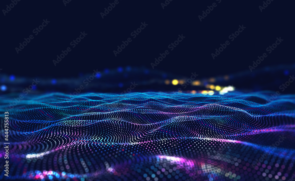 Information waves, analytics data, field of successive points, data flow, neon light, cyber structure of computer systems 3D illustration Information waves, analytics data, field of successive points, data flow, neon light, cyber structure of computer systems 3D illustration