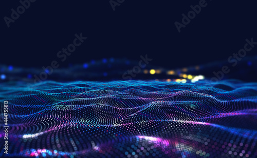 Information waves  analytics data  field of successive points  data flow  neon light  cyber structure of computer systems 3D illustration