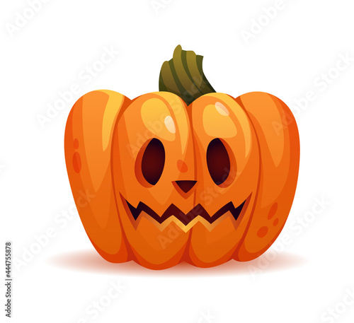 Scary halloween pumpkin personage with stunned facial expression or shock. Vegetable with carved face, eyes and mouth. Trick or treat celebration in autumn. Realistic cartoon character vector