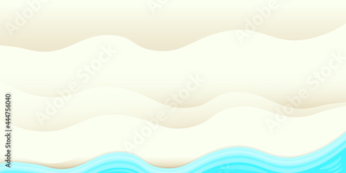 Top view summer beach background with golden sand and turquoise ocean waves. Vector summer beach party flyer or poster design template with tropical coast