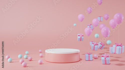 Empty Geometry podium for display product concept and gift box balloon with copy space, 3D rendering illustration.