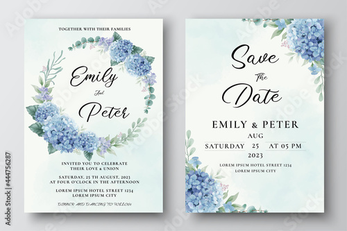 Photo Wedding Invitation Template with Blue Hydrangea