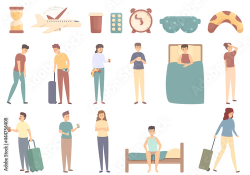 Jet lag icons set cartoon vector. Air flight time. Delivery duration