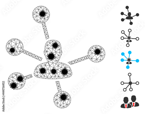 Mesh social links polygonal icon vector illustration, with black infection nodes. Carcass model is created from social links flat icon, with infection nodes and polygonal mesh.